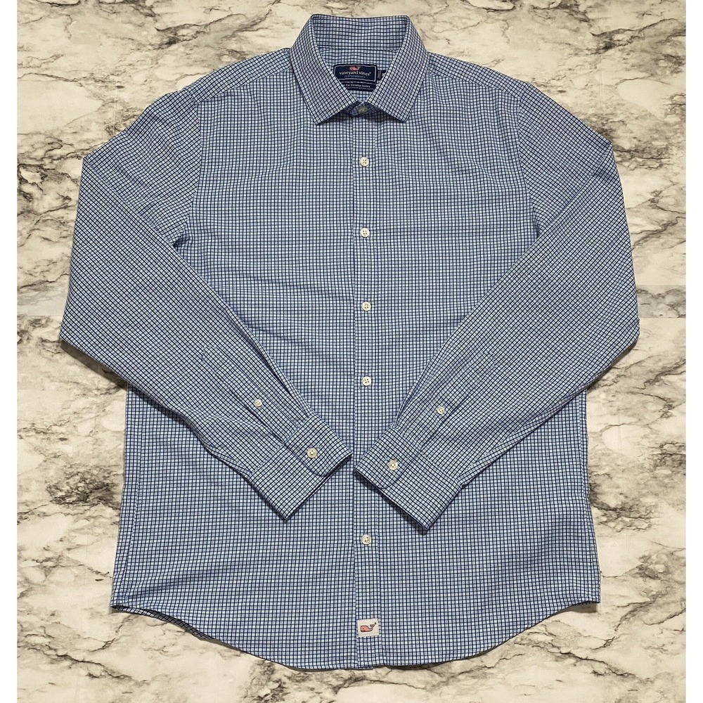 Vineyard Vines Mens Slim Fit Cooper Shirt Size M Blue White Plaid Button Up‎